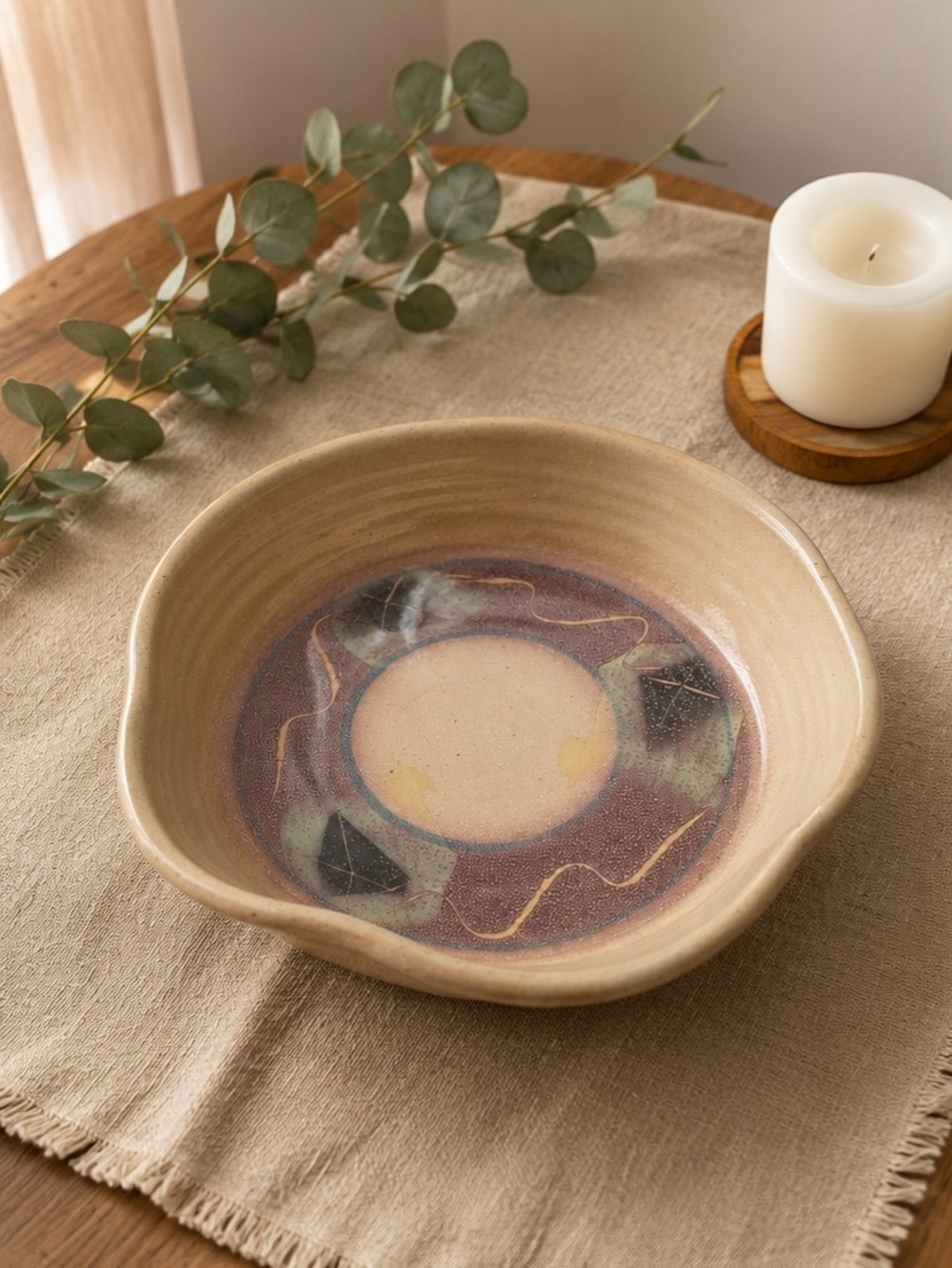 Handmade Ceramic Serving Bowl in Beige with Multicolor Interior